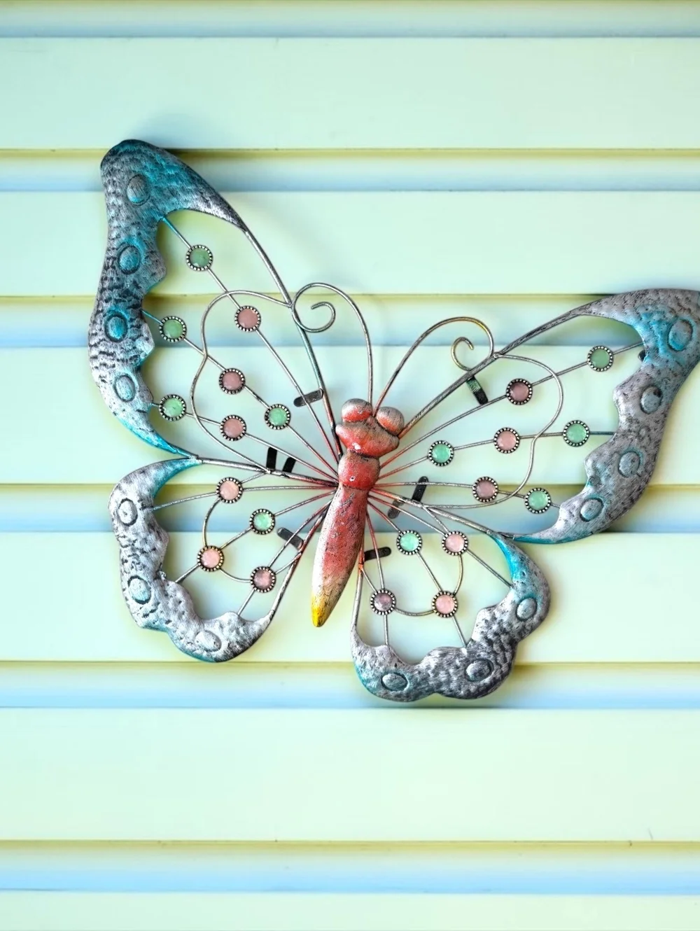 Large Metal Butterfly Wall Decor Turquoise Pink Jeweled Garden Art 30 Inch